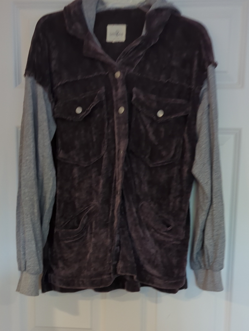 Umgee Two-Tone Hooded Utility Jacket in Plum and Gray